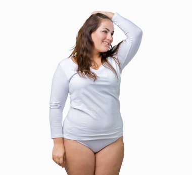 Artı boyutu genç overwight kadın güzel üzerinde beyaz iç çamaşırı giyiyor arka plan gülen el jest, çekici poz kadar kendinden emin dokunaklı saç izole