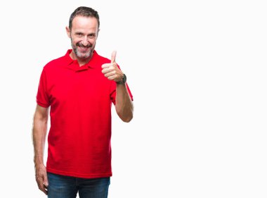 Orta yaş hareketi el ile mutlu yaşasın yapıyor izole arka plan üzerinde ağarmış komuta sizde. Kameraya bakarak başarı gösteren ile ifade onaylama.