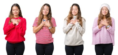 Kolaj ile gülümseyen izole arka plan üzerinde güzel genç kadının göğüs kapalı gözler ve yüzünde minnettar jest ile eller. Sağlık kavramı.