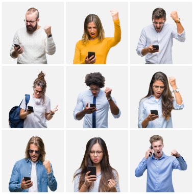 Grup Genç insan öfke, çılgın ve yükseltilmiş el, öfke kavramı ile diye bağıran ile smartphone üzerinde izole arka rahatsız ve sinirli bağırarak kullanarak kolaj