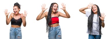 Güzel örgülü saç Afrikalı-Amerikalı kadın Doğum işareti üzerinde gösterilen ve parmakları ile işaret izole arka plan ile kolaj kendinden emin ve mutlu gülümseyerek süre on numara.