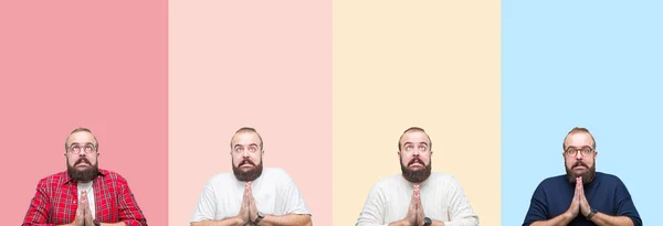 Collage Joven Con Barba Sobre Rayas Colores Fondo Aislado Mendigando —  Fotos de Stock