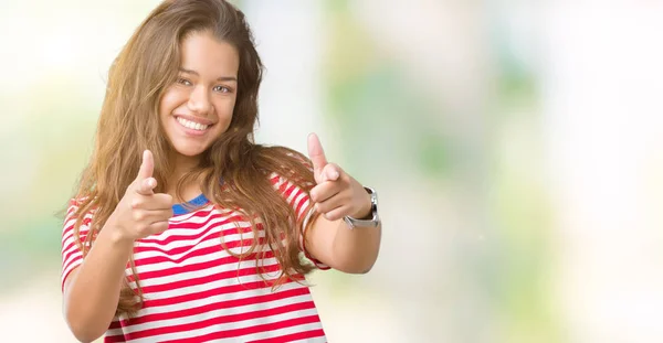 Jonge Mooie Brunette Vrouw Dragen Strepen Shirt Geïsoleerde Achtergrond Wijzen — Stockfoto