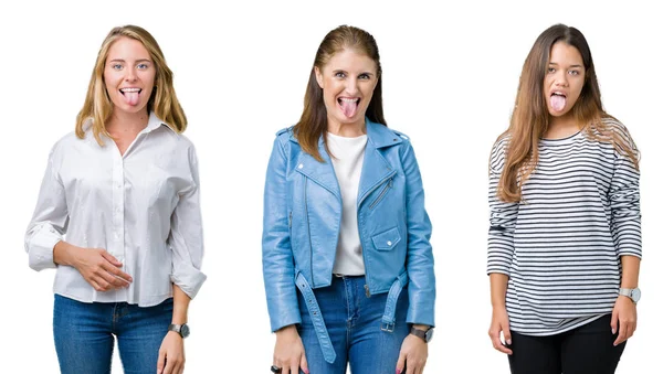 Collage Group Three Beautiful Women White Isolated Background Sticking Tongue — Stock Photo, Image