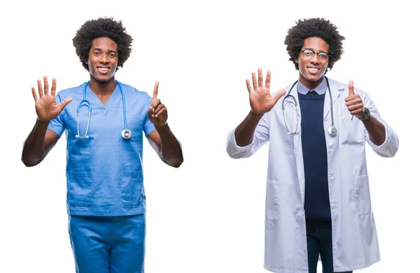 Collage Joven Cirujano Afroamericano Enfermera Médico Sobre Fondo Aislado Mostrando — Foto de Stock