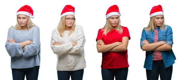 Коллаж Молодой Красивой Блондинки Рождественской Шляпе Поверх Белой Изолированной Скептически — стоковое фото