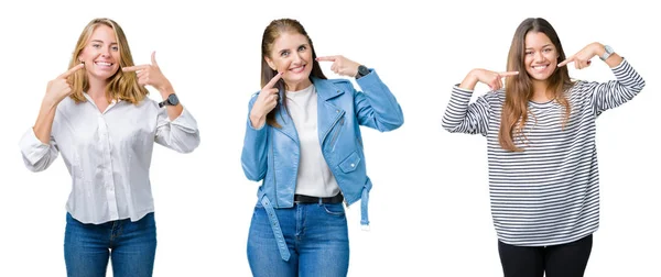 Collage Van Groep Drie Mooie Vrouwen Witte Geïsoleerde Achtergrond Glimlachend — Stockfoto