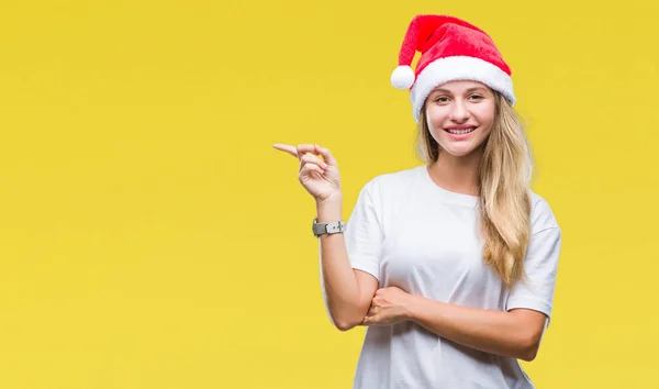 Mladá Krásná Blondýna Žena Nosí Vánoční Čepice Izolované Pozadí Velkým — Stock fotografie