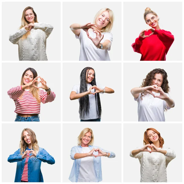 Collage Gruppo Donne Giovani Anziane Sfondo Isolato Sorridente Amore Mostrando — Foto Stock