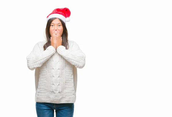 Young Asian Woman Wearing Christmas Hat Isolated Background Shocked Covering — Stock Photo, Image