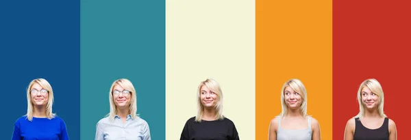 Collage Van Mooie Blonde Vrouw Kleurrijke Vintage Geïsoleerde Achtergrond Glimlachend — Stockfoto
