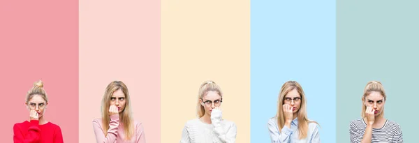 Collage Unga Vackra Blonda Kvinnan Över Levande Färgglada Vintage Isolerade — Stockfoto