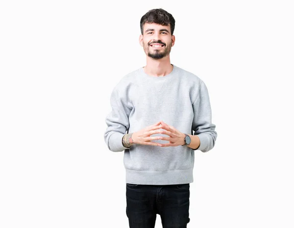 Üzerine Tişört Giyen Genç Yakışıklı Adam Arka Plan Eller Birlikte — Stok fotoğraf