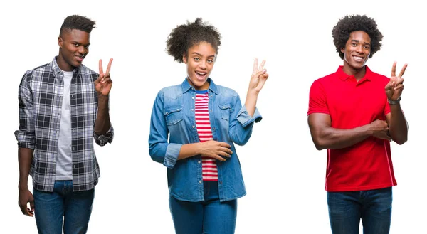 群体非洲裔美国人的拼贴非洲头发在孤立的背景微笑着 幸福的脸在相机眨眼做胜利的标志 — 图库照片