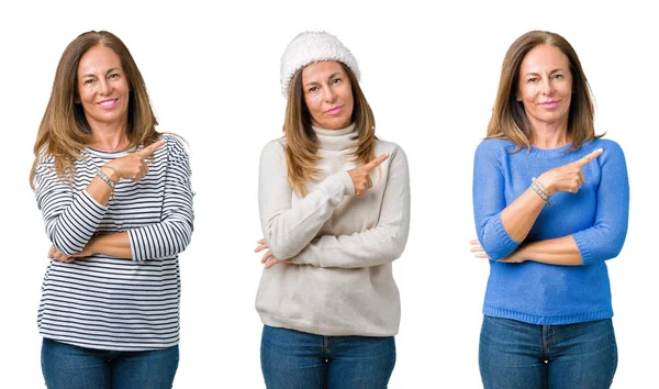 Collage Vackra Medelålders Kvinna Över Isolerade Bakgrund Pekar Med Hand — Stockfoto