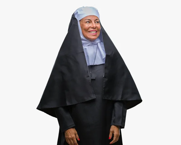 Středního Věku Žena Starší Křesťanské Katolické Jeptišky Izolované Pozadí Pohledu — Stock fotografie