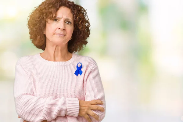 Middle Ager Senior Woman Wearing Changeable Blue Color Ribbon Awareness — Stock Photo, Image