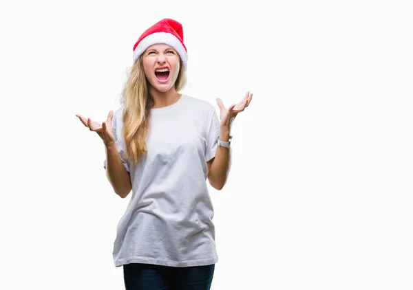 Jovem Mulher Loira Bonita Vestindo Chapéu Natal Sobre Fundo Isolado — Fotografia de Stock