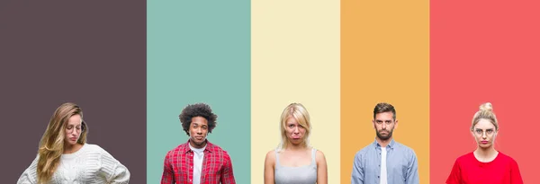 Colagem Grupo Jovens Sobre Colorido Vintage Isolado Fundo Deprimido Preocupar — Fotografia de Stock