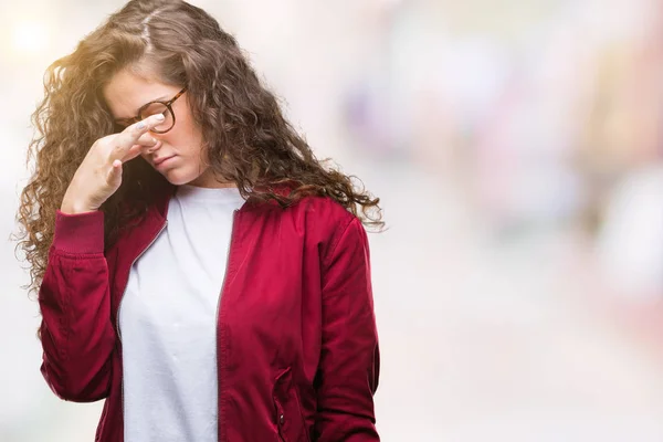 Beautiful Brunette Curly Hair Young Girl Wearing Jacket Glasses Isolated — Stock Photo, Image