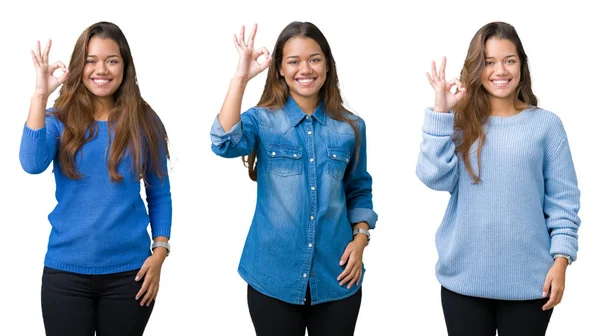 Colagem Bela Jovem Sobre Fundo Isolado Sorrindo Positivo Fazendo Sinal — Fotografia de Stock