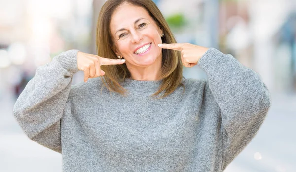 Beautiful Middle Age Woman Wearing Winter Sweater Isolated Background Smiling — Stock Photo, Image