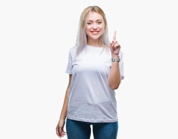Young Blonde Woman Isolated Background Showing Pointing Finger Number One — Stock Photo, Image