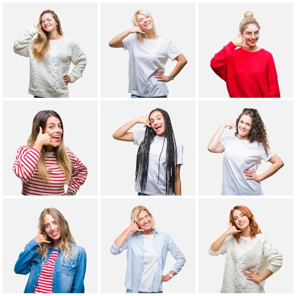 Collage of group of young and senior women over isolated background smiling doing phone gesture with hand and fingers like talking on the telephone. Communicating concepts.