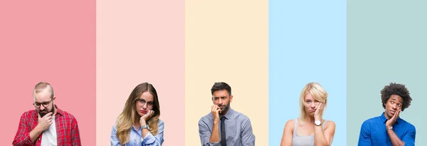 Collage Diverse Etnie Giovani Strisce Colorate Sfondo Isolato Pensando Cercando — Foto Stock