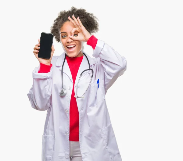 Young Afro American Doctor Woman Using Smartphone Isolated Background Happy — Stock Photo, Image