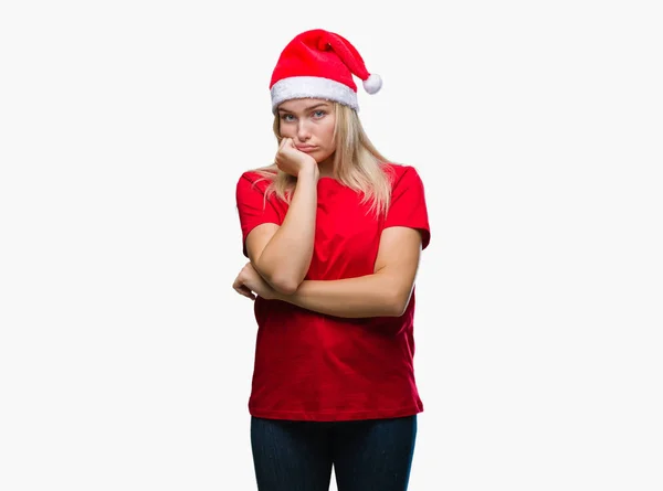 Jovem Caucasiana Vestindo Chapéu Natal Sobre Fundo Isolado Pensando Cansado — Fotografia de Stock