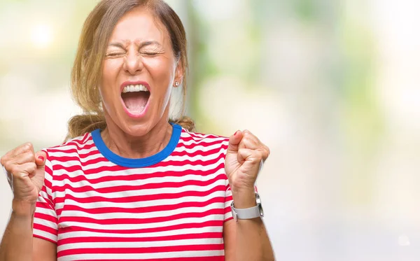 Mujer Hispana Mayor Mediana Edad Sobre Fondo Aislado Celebrando Locos —  Fotos de Stock