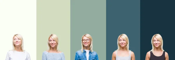 Колаж Красивої Блондинки Над Зеленим Вінтажним Ізольованим Фоном Усміхнений Виглядає — стокове фото