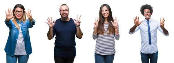 Collage Grupo Jóvenes Empresarios Sobre Fondo Aislado Mostrando Apuntando Hacia — Foto de Stock