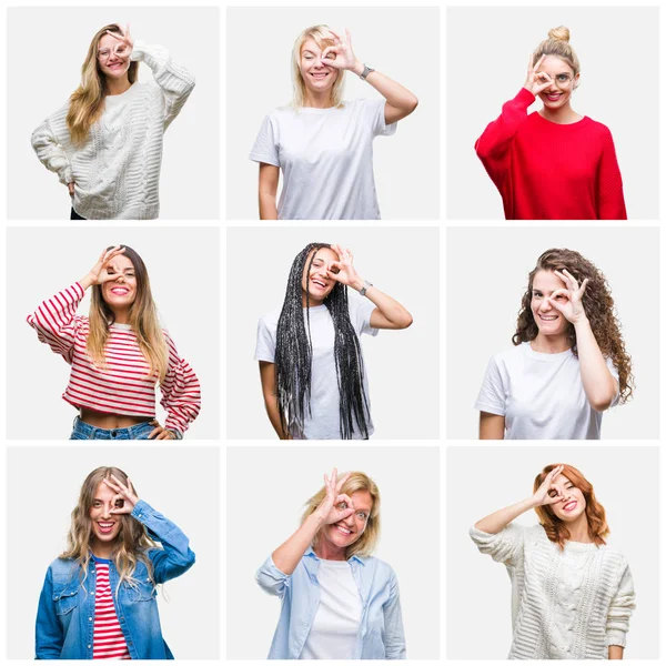Collage of group of young and senior women over isolated background doing ok gesture with hand smiling, eye looking through fingers with happy face.