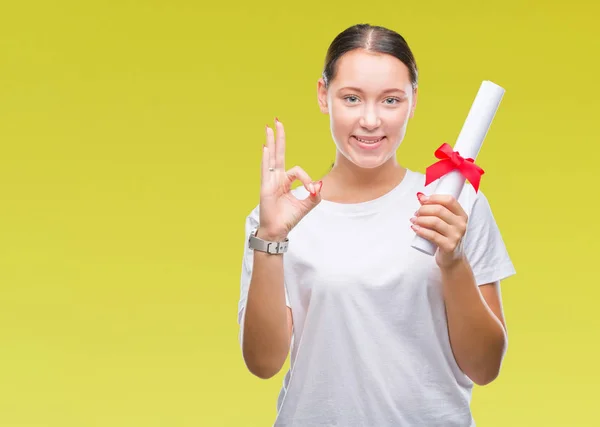 Jonge Kaukasische Vrouw Houdt Van Graad Geïsoleerde Achtergrond Doen Teken — Stockfoto