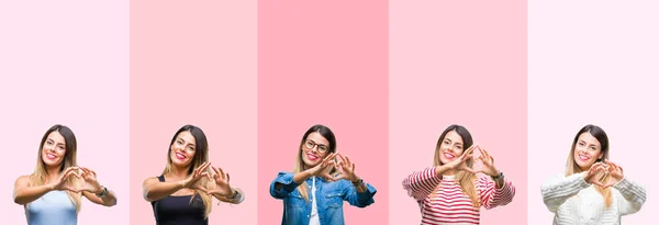 Collage Van Jonge Mooie Vrouw Geïsoleerde Achtergrond Roze Strepen Glimlachend — Stockfoto