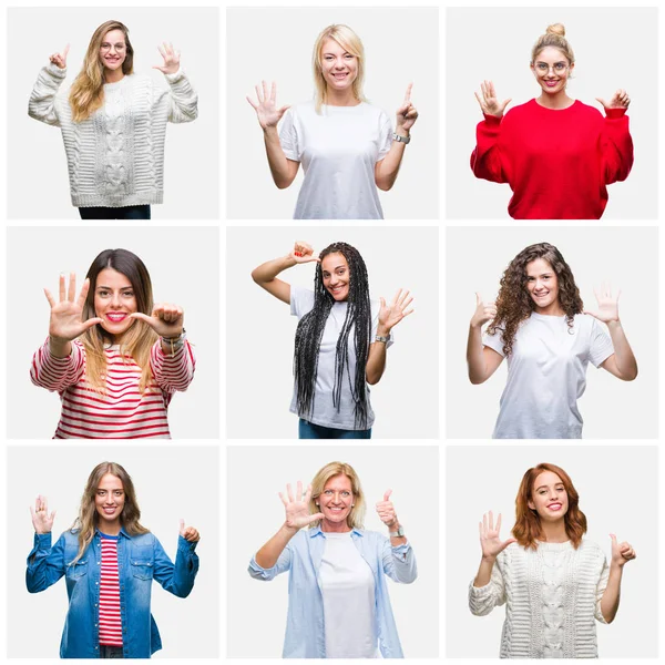 Collage Groupe Femmes Jeunes Âgées Sur Fond Isolé Montrant Pointant — Photo