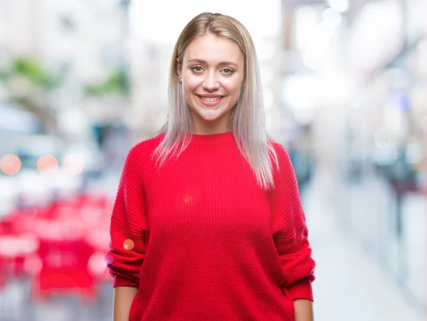 Mulher Loira Jovem Usando Camisola Inverno Sobre Fundo Isolado Com — Fotografia de Stock