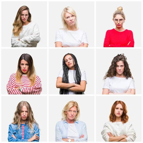 Collage Grupp Unga Och Seniora Kvinnor Över Isolerade Bakgrund Skeptiker — Stockfoto