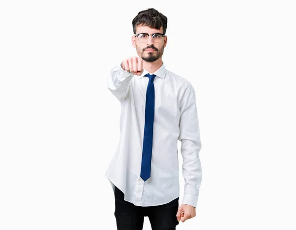 Young Handsome Business Man Wearing Glasses Isolated Background Punching Fist — Stock Photo, Image