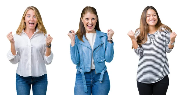 Collage Grupp Tre Vackra Kvinnor Över Vit Isolerade Bakgrund Firar — Stockfoto