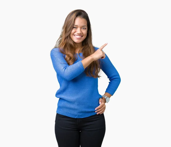 Jonge Mooie Brunette Vrouw Blauwe Trui Dragen Geïsoleerd Background Wijzen — Stockfoto