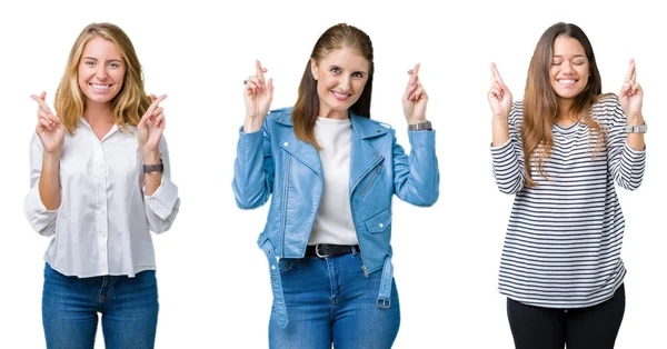 Colagem Grupo Três Mulheres Bonitas Sobre Fundo Isolado Branco Sorrindo — Fotografia de Stock