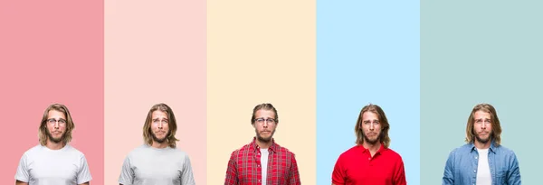 Collage Giovane Bell Uomo Strisce Colorate Sfondo Isolato Depresso Preoccuparsi — Foto Stock