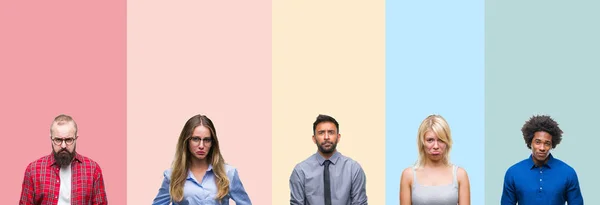 Collage Van Verschillende Etniciteit Jongeren Kleurrijke Strepen Geïsoleerde Achtergrond Depressief — Stockfoto