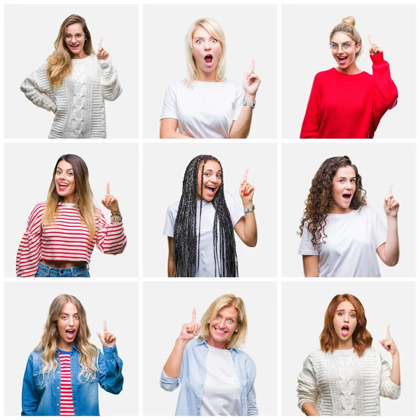 Kolaż Grupą Młodych Starszych Kobiet Białym Tle Wskazując Palcem Udany — Zdjęcie stockowe