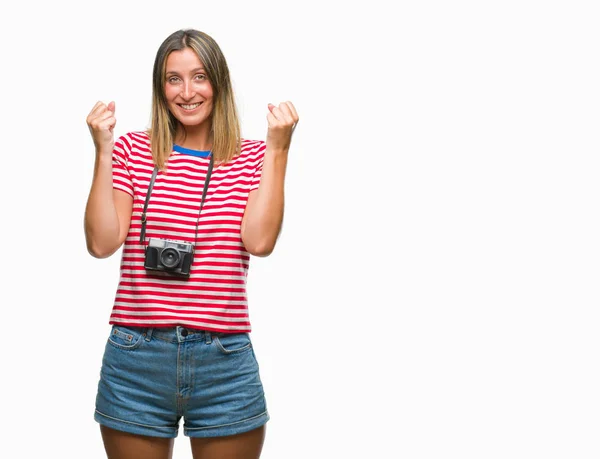Young Beautiful Woman Taking Pictures Using Vintage Photo Camera Isolated — Stock Photo, Image