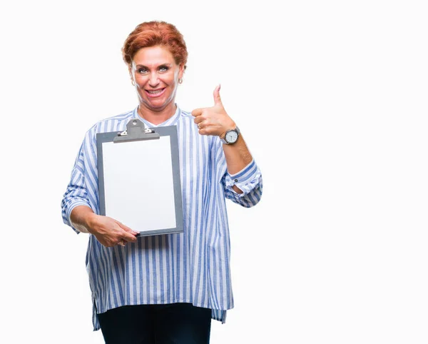 Senior Caucasian Business Woman Holding Clipboard Isolated Background Happy Big — Stock Photo, Image