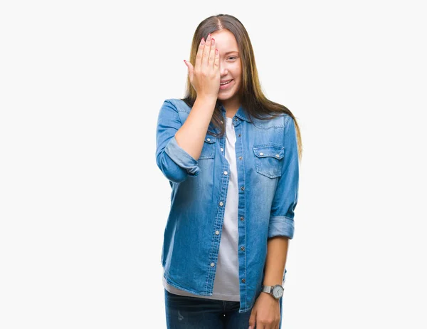 Young Caucasian Beautiful Woman Isolated Background Covering One Eye Hand — Stock Photo, Image